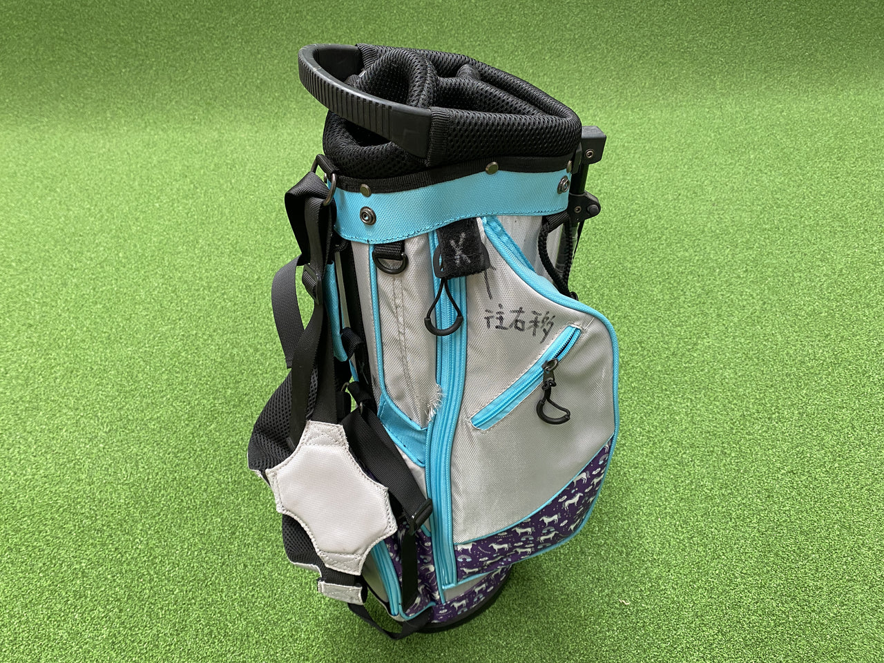 Grey/Aqua/Purple Junior 6-8Yr Olds 4-Way Stand Bag With Raincover *Pen Marks*